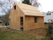 The enclosed garage from the rear, ready for roofing materials